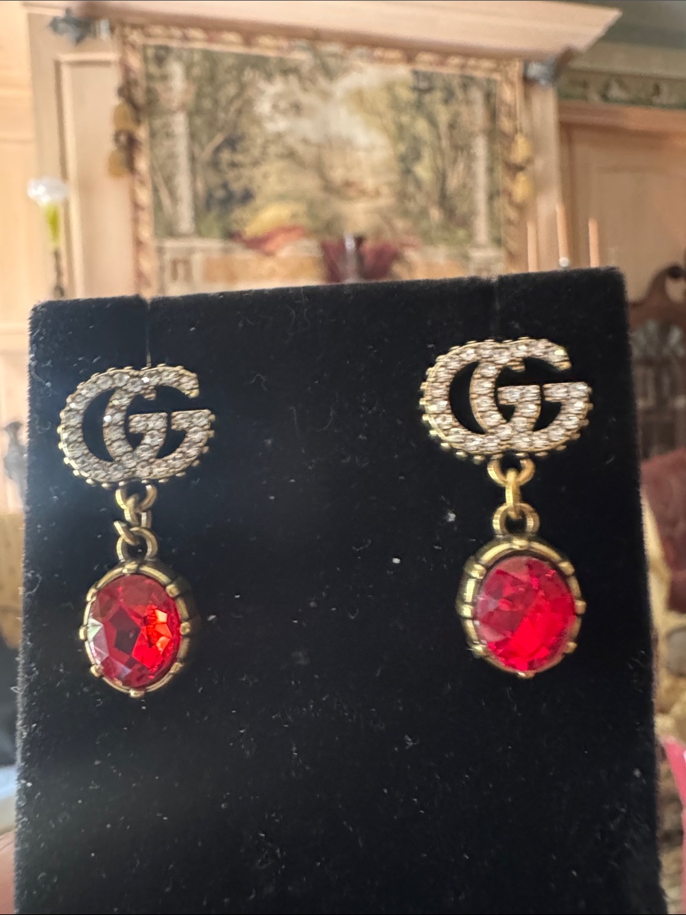 Earrings Gold-Tone Crystal GG Drop Earrings with Red crystal - Picture 3 of 4